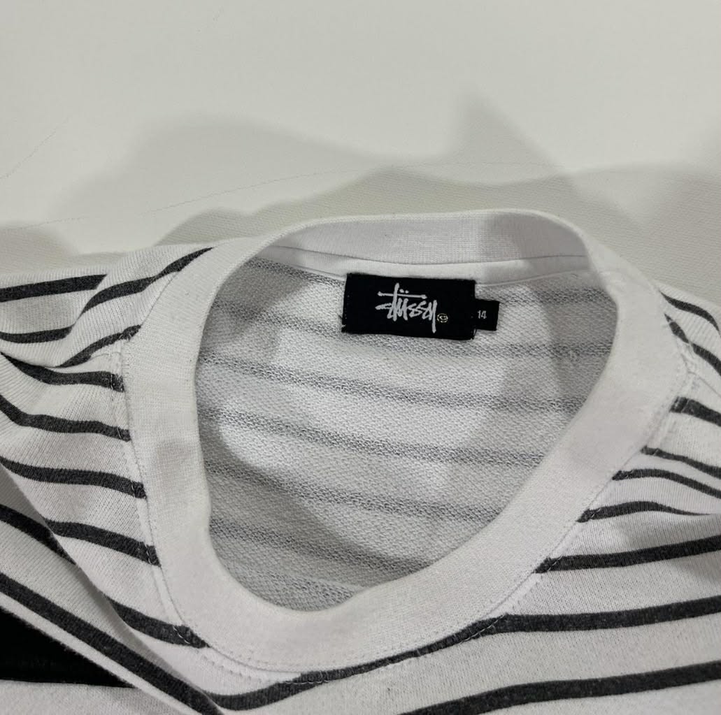 VINTAGE STUSSY BLACK + WHITE STRIPED LONG SLEEVED WITH GOLD GLITTER LOGO