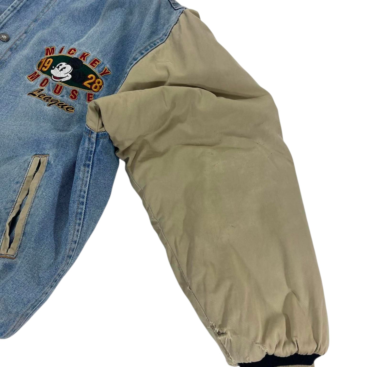 VINTAGE DISNEY MICKET MOUSE BLUE DENIM VARSITY JACKET (L)