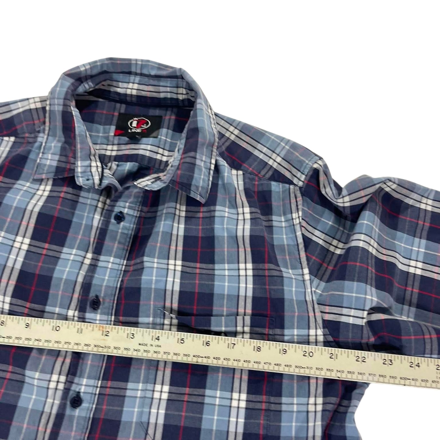 90S LINE 7 BLUE PLAID BUTTON UP SHIRT (L)