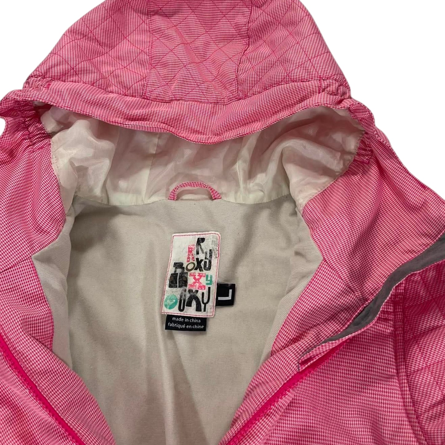 Y2K PINK ROXY JACKET WITH HOOD AND ZIPPER POCKETS (M)