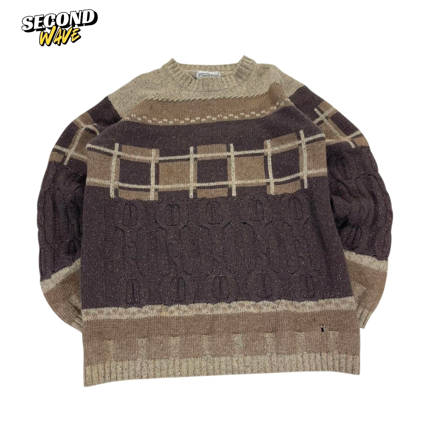 90S BROWN & TAN PLAID KNIT SWEATER (M)