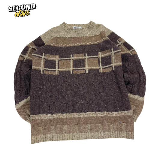 90S BROWN & TAN PLAID KNIT SWEATER (M)