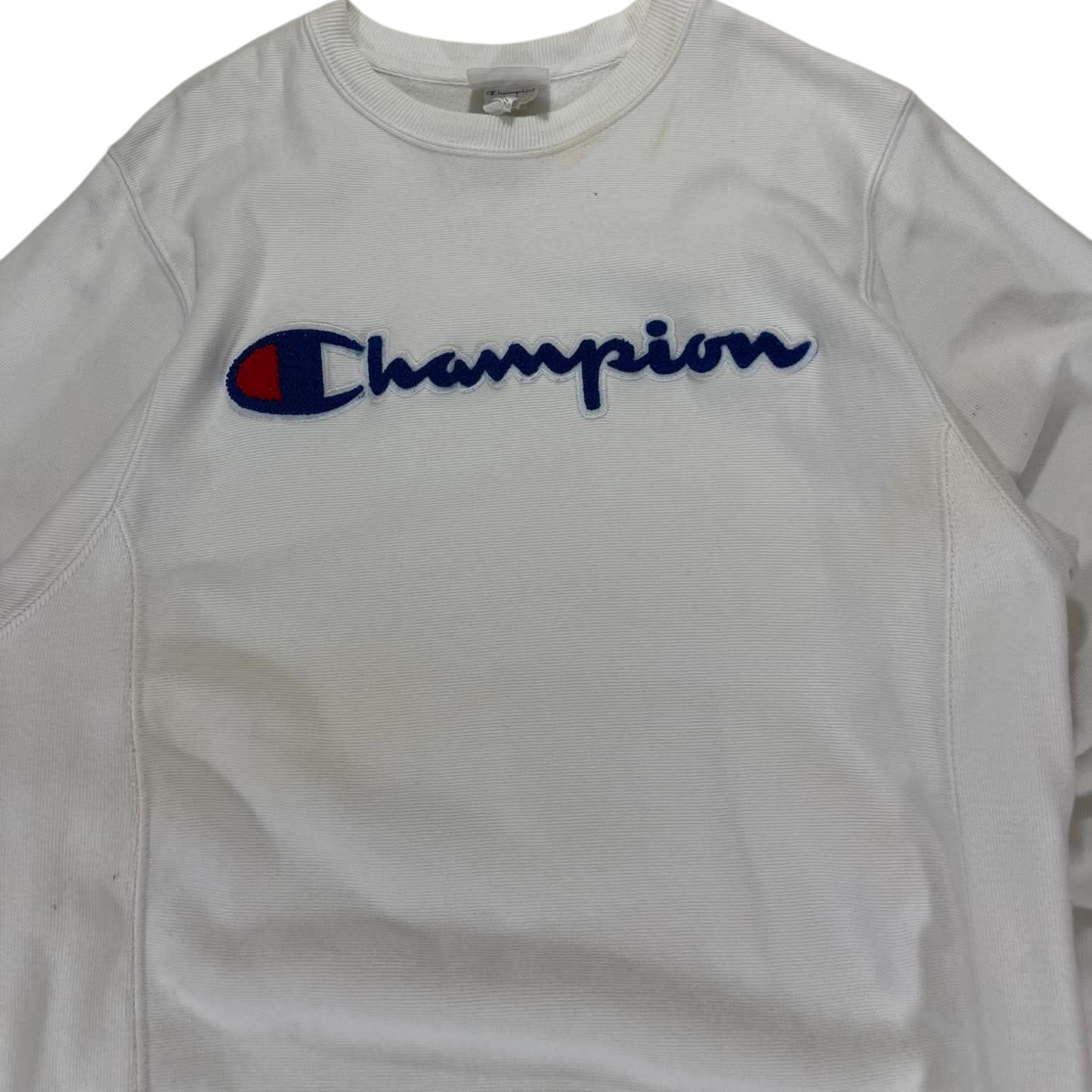 CHAMPION WHITE CREWNECK SWEATSHIRT WITH EMBROIDERED LOGO (S-M)