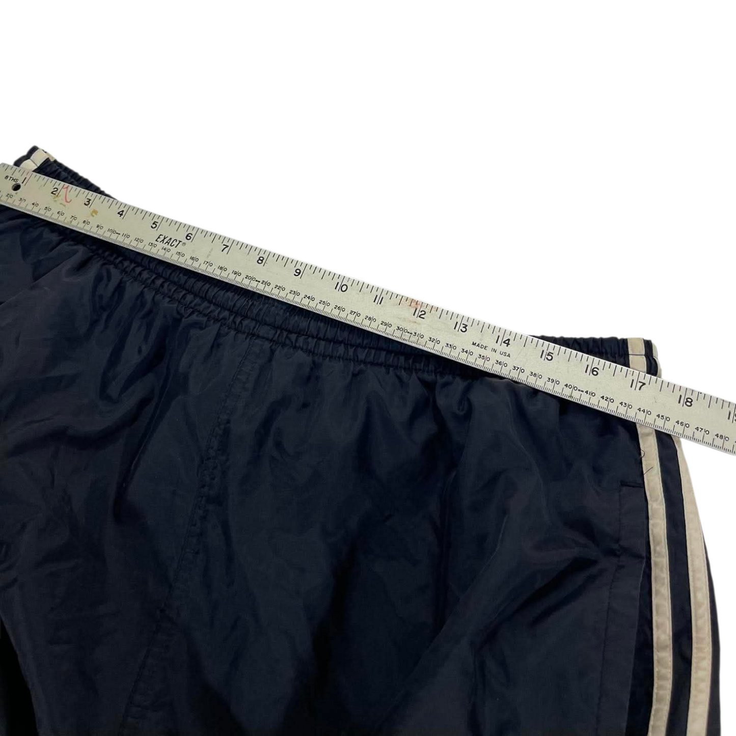 VINTAGE LIGHTWEIGHT ADIDAS BLACK TRACK PANTS WITH WHITE STRIPES (XL)