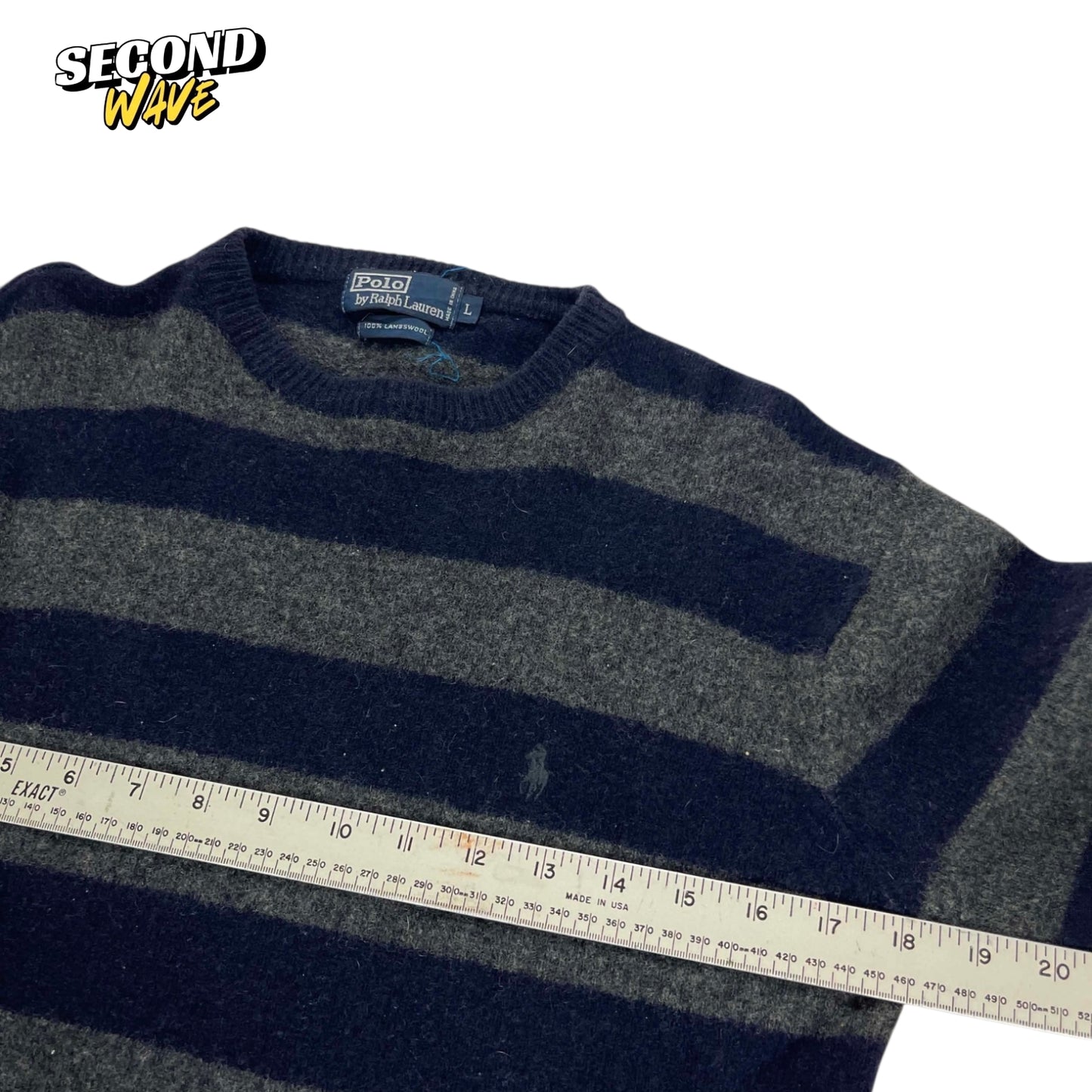 VINTAGE 100% LAMBSWOOL POLO RALPH LAUREN NAVY BLUE STRIPED SWEATER (L)