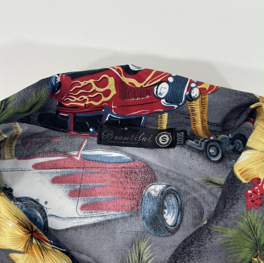VINTAGE HAWAIIAN MULTICOLOURED SHIRT WITH HOT ROD CARS AND PALM TREES (XL-XXL)