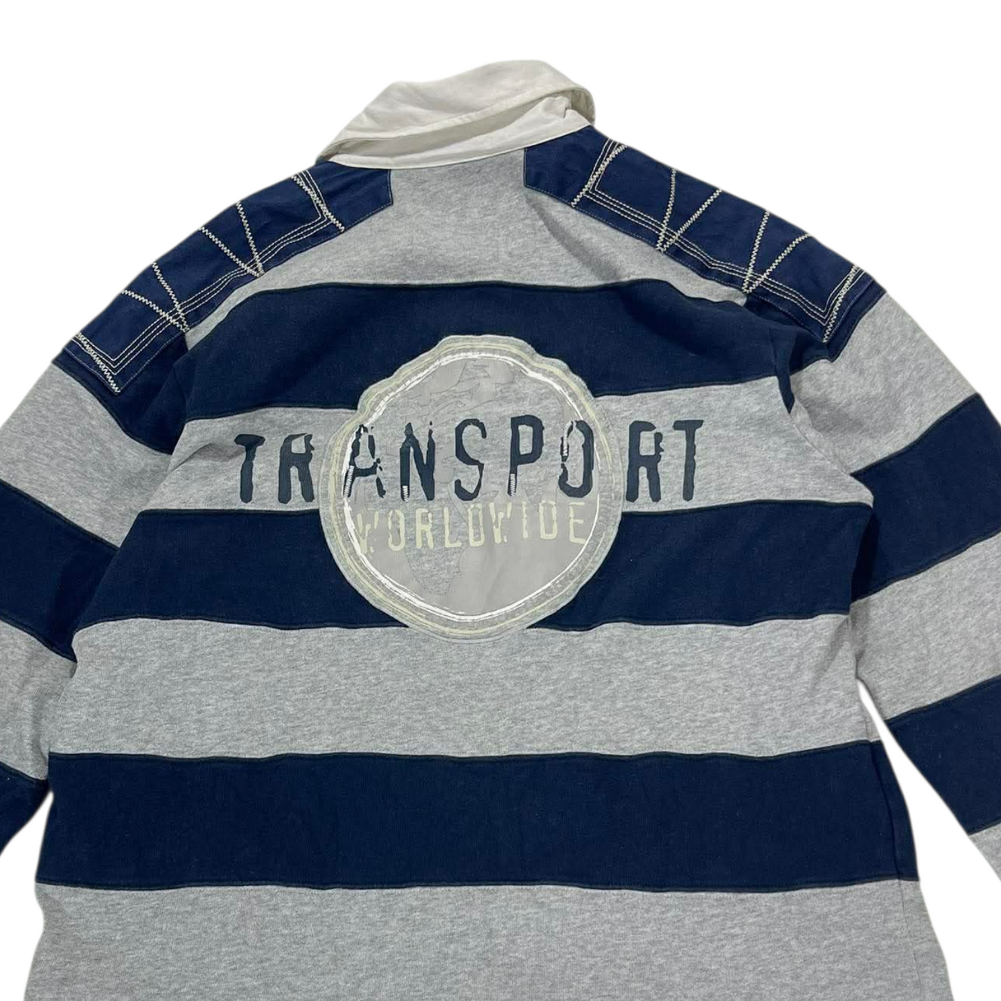 MAN NAVY BLUE & GREY STRIPED LONG SLEEVE POLO SHIRT (L)