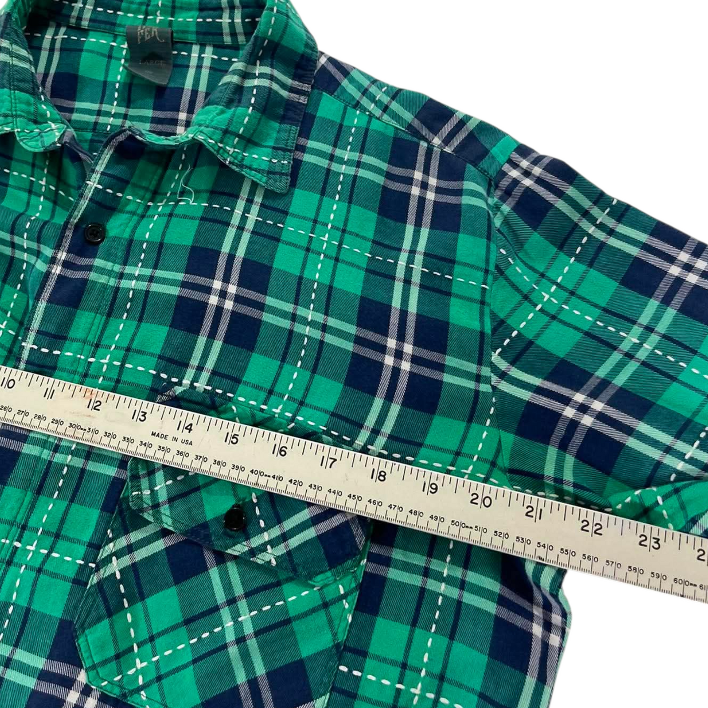 VINTAGE GREEN AND BLUE PLAID FLANNEL (L)
