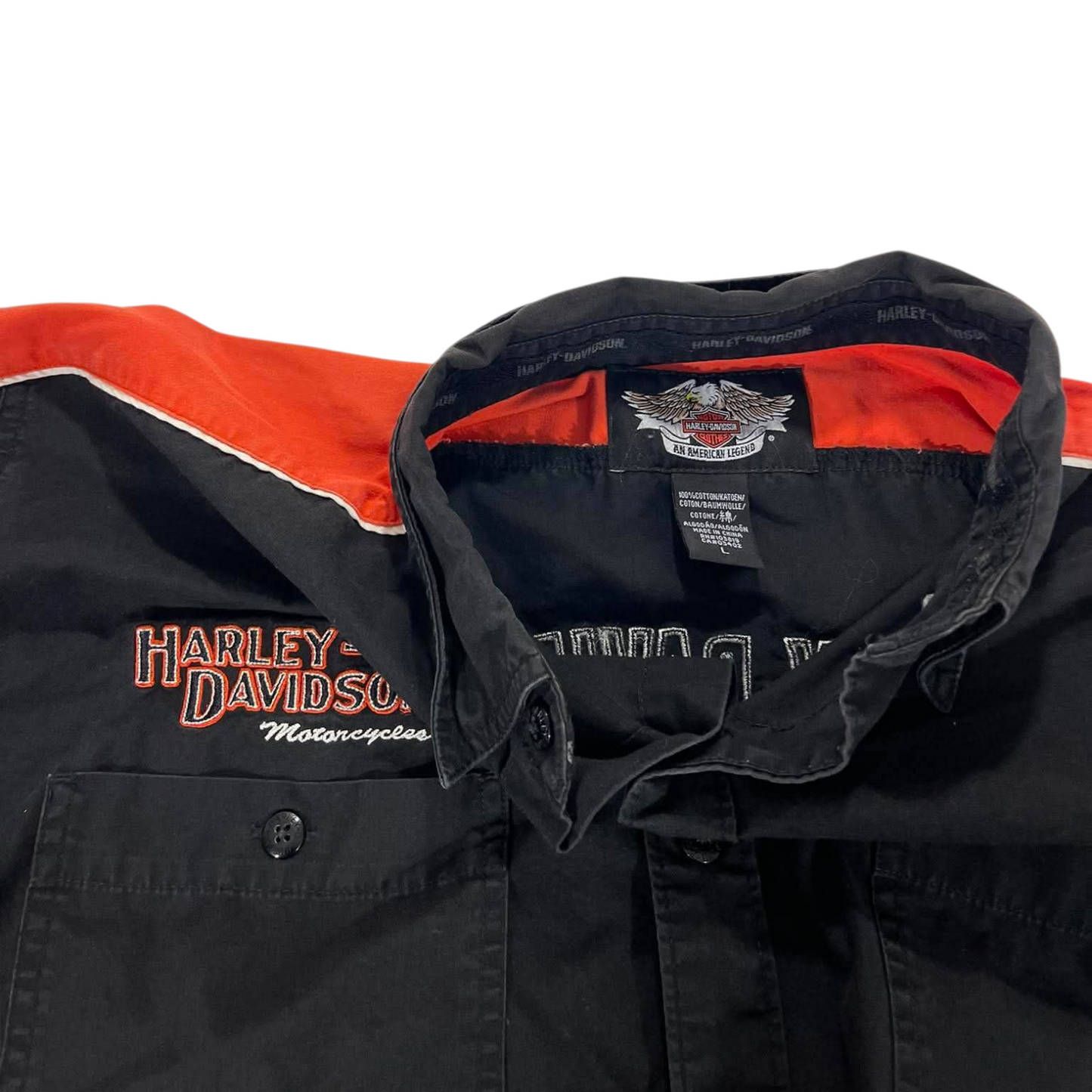 HARLEY DAVIDSON BLACK & ORANGE BUTTON-UP (L)