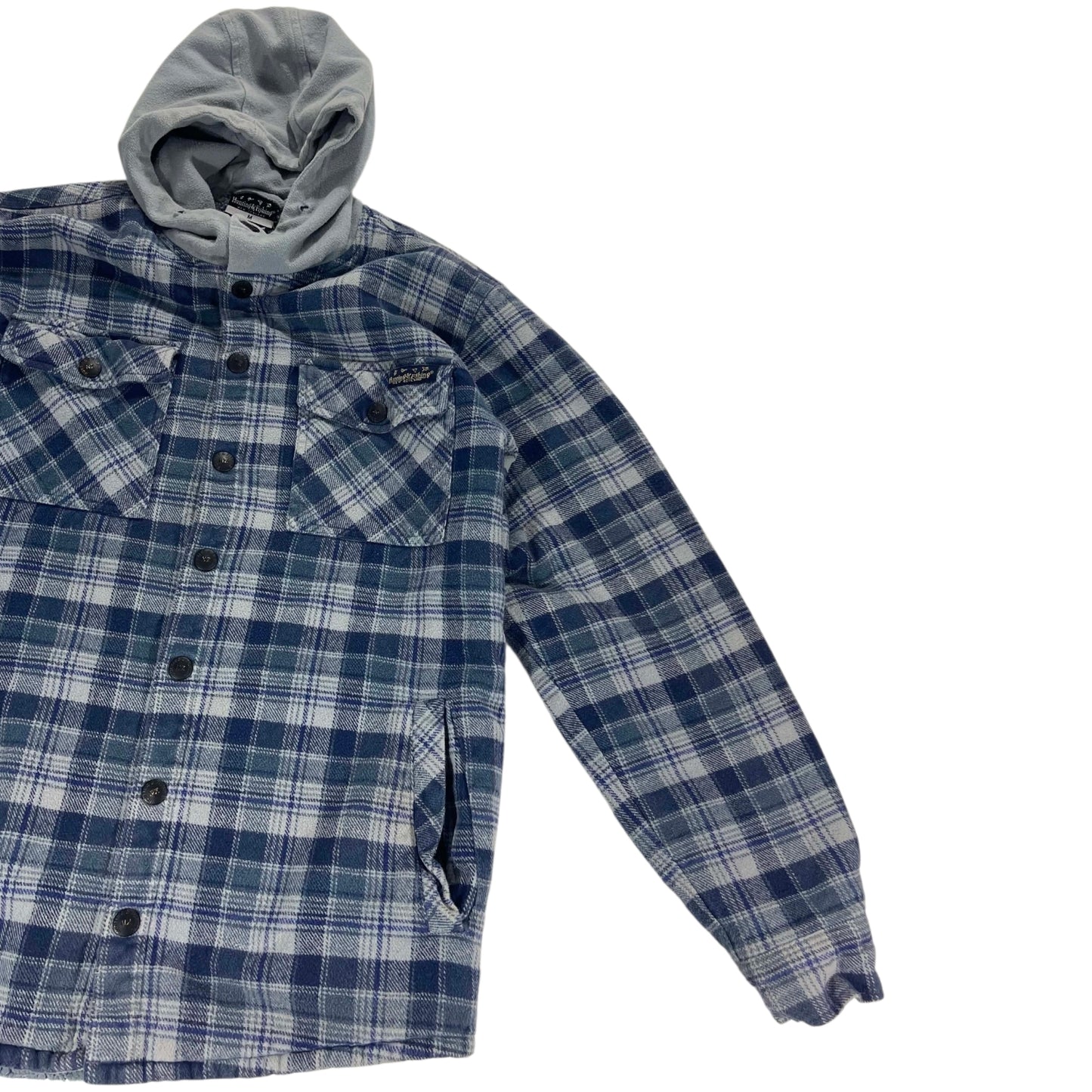VINTAGE HUNTING & FISHING BLUE & WHITE PLAID FLANNEL JACKET (M)