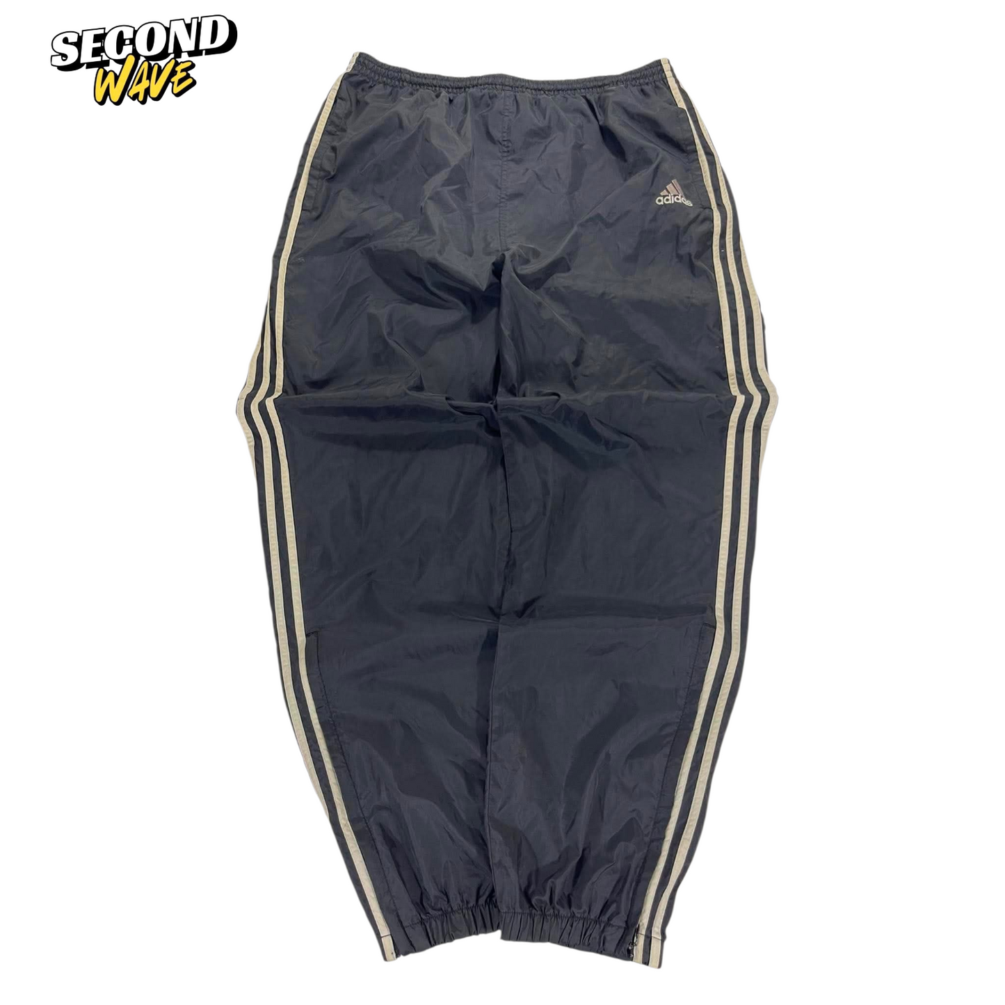 VINTAGE LIGHTWEIGHT ADIDAS BLACK TRACK PANTS WITH WHITE STRIPES (XL)