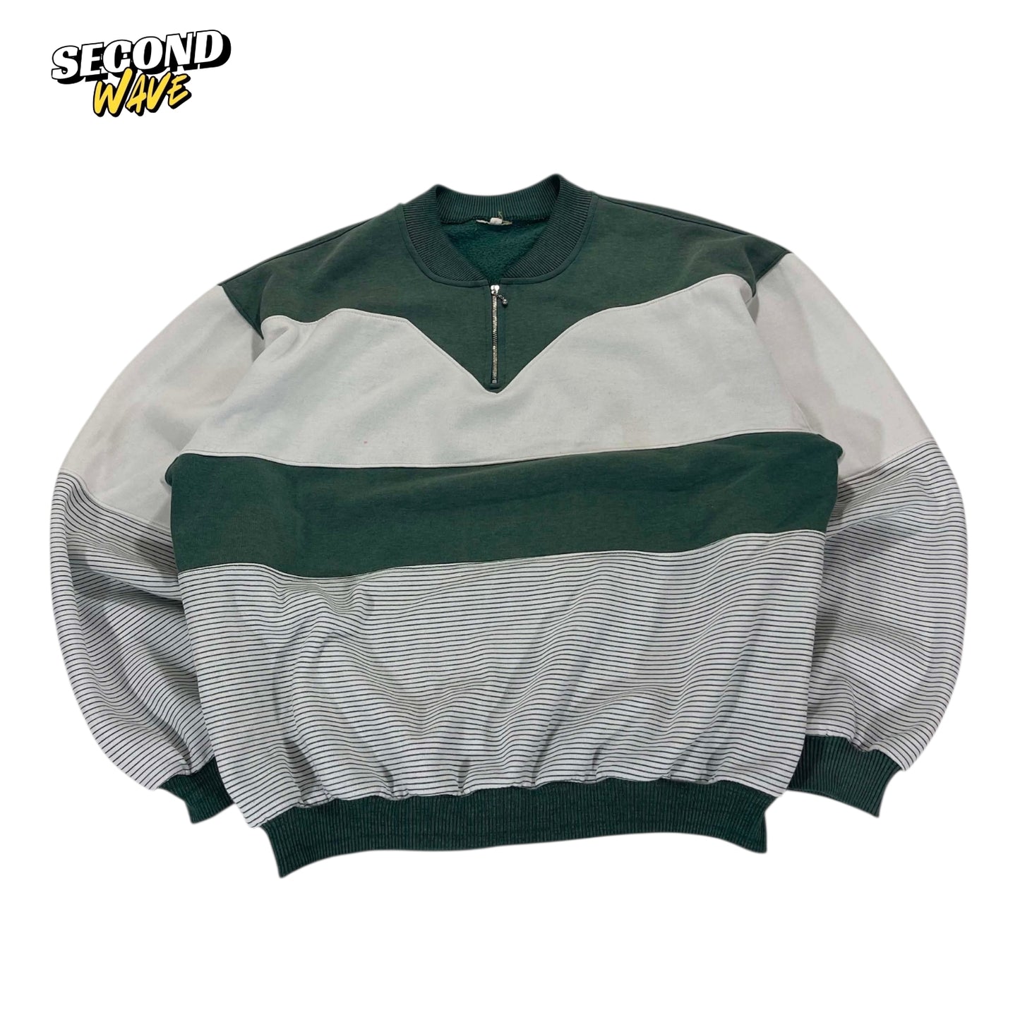 90S GREEN & GRAY STRIPED QUARTER ZIP (M-L)