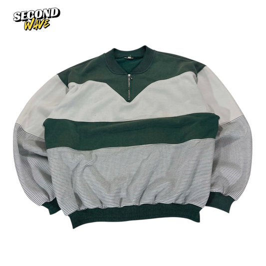 90S GREEN & GRAY STRIPED QUARTER ZIP (M-L)