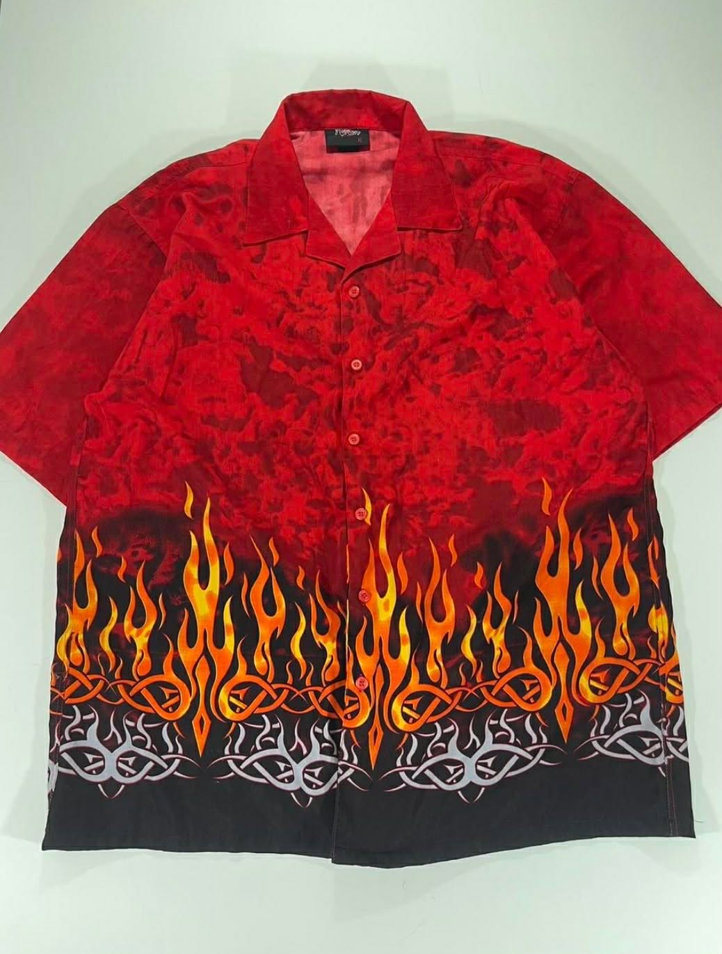 Y2K RED FLAME BUTTON UP SHIRT WITH A UNIQUE DESIGN