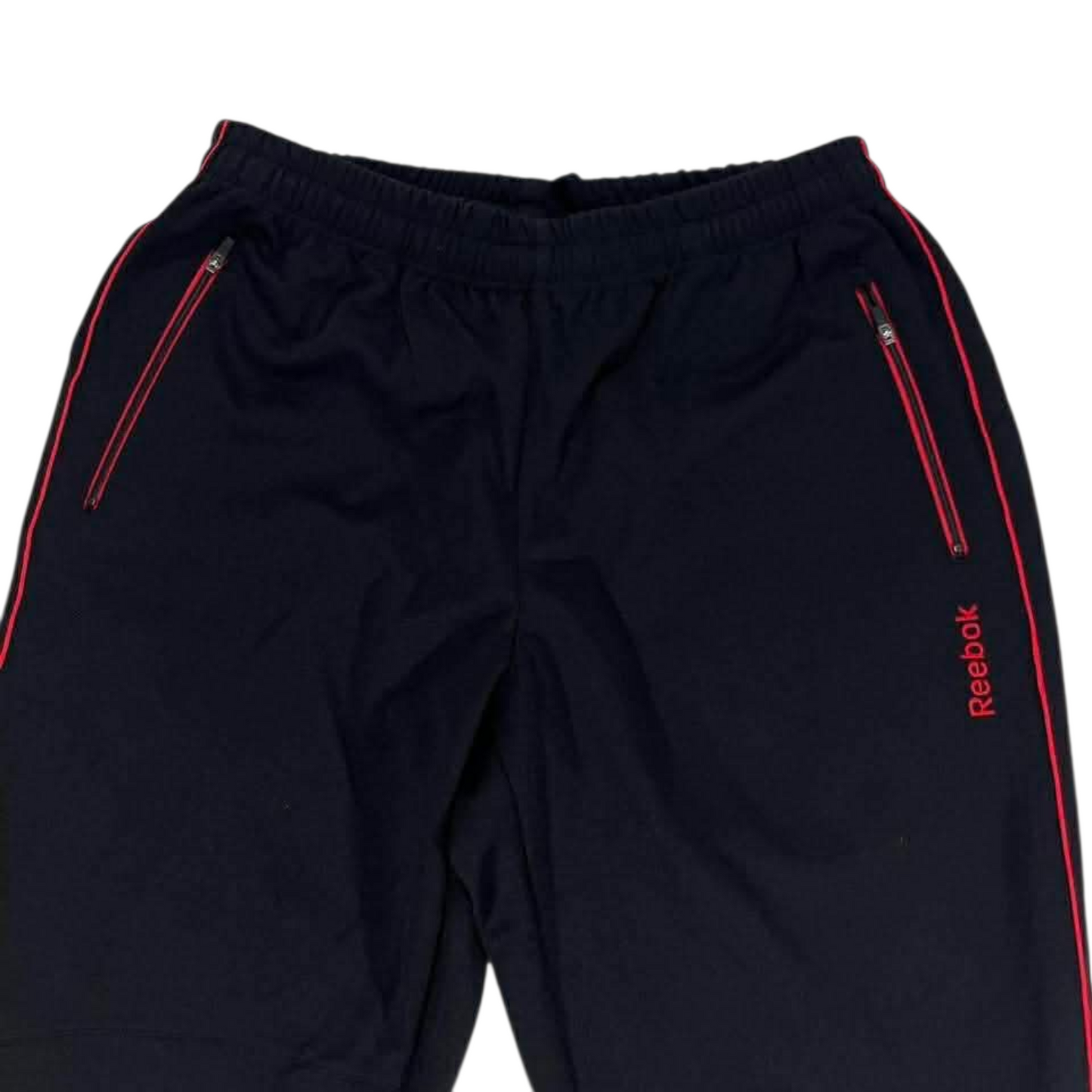 VINTAGE REEBOK BLACK TRACK PANTS WITH RED ACCENTS AND ZIPPER POCKETS (34)