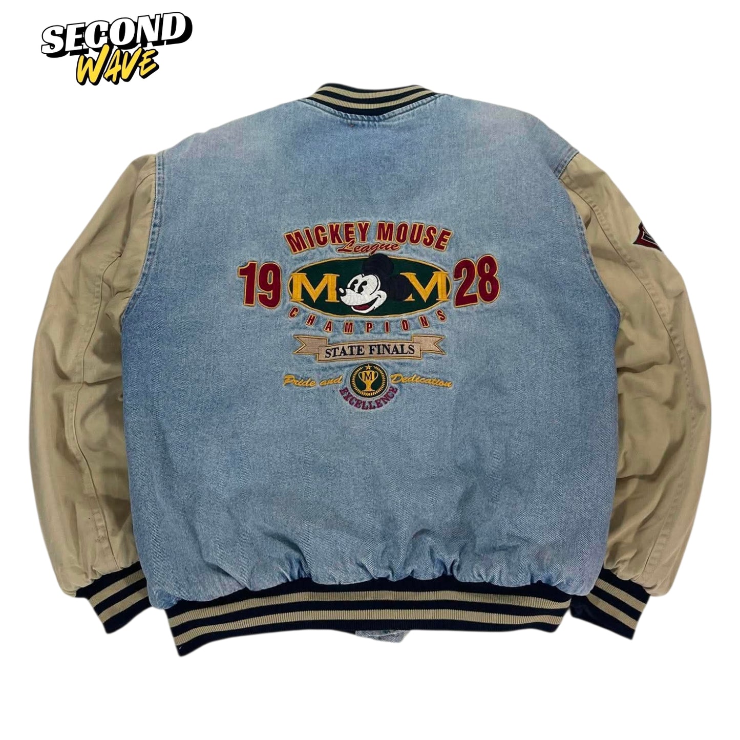 VINTAGE DISNEY MICKET MOUSE BLUE DENIM VARSITY JACKET (L)