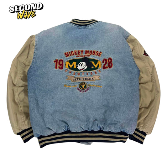 VINTAGE DISNEY MICKET MOUSE BLUE DENIM VARSITY JACKET (L)
