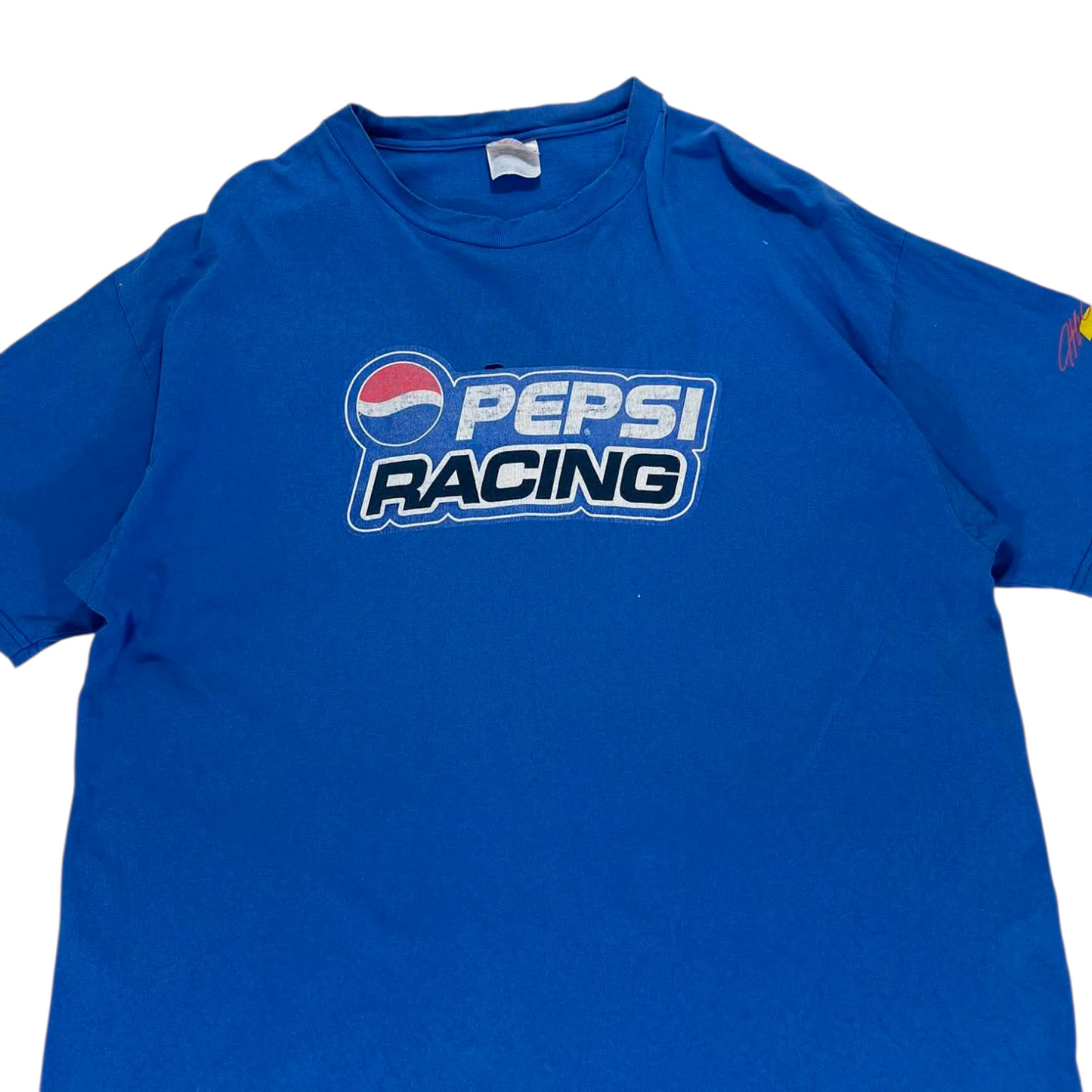 VINTAGE TRASHED PEPSI RACING BLUE COTTON T-SHIRT (L)