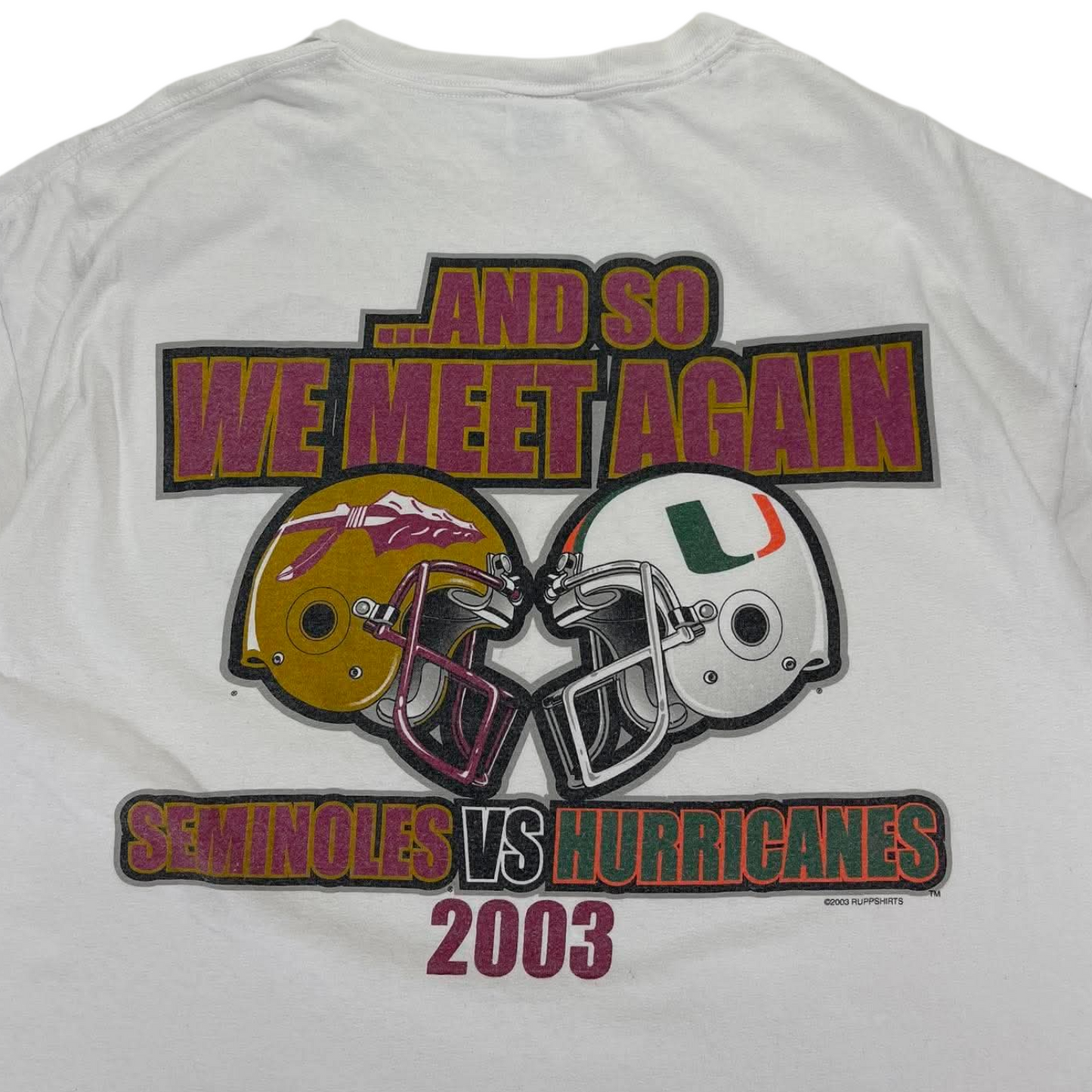 2002 MIAMI HURRICANES VS FLORIDA STATE SEMINOLES WHITE COTTON TEE (XL)