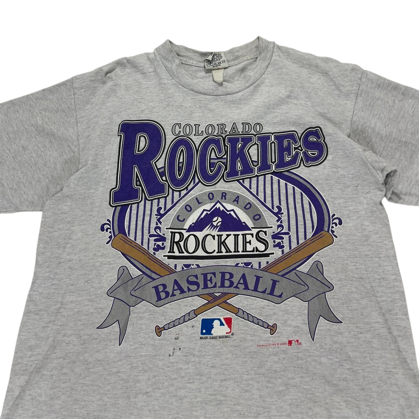 90S NUTMEG TRASHED COLORADO ROCKIES GREY BASEBALL TEE (M)