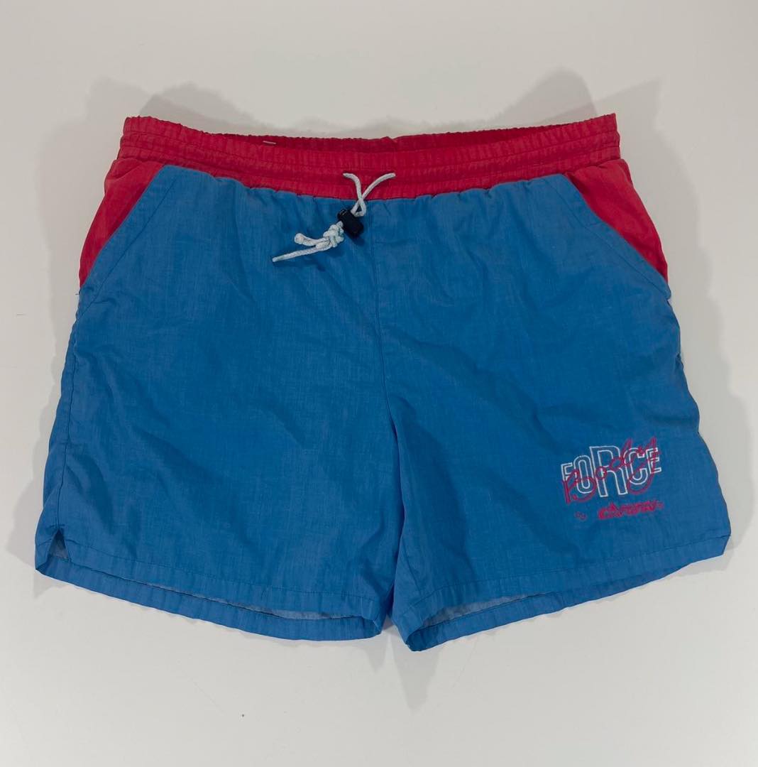 90s BODY FORCE BLUE AND RED VINTAGE SWIM SHORTS WITH DRAWSTRING WAIST (M-L)