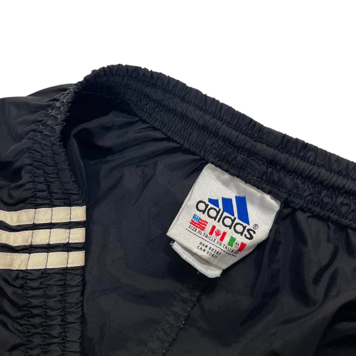 VINTAGE LIGHTWEIGHT ADIDAS BLACK TRACK PANTS WITH WHITE STRIPES (XL)
