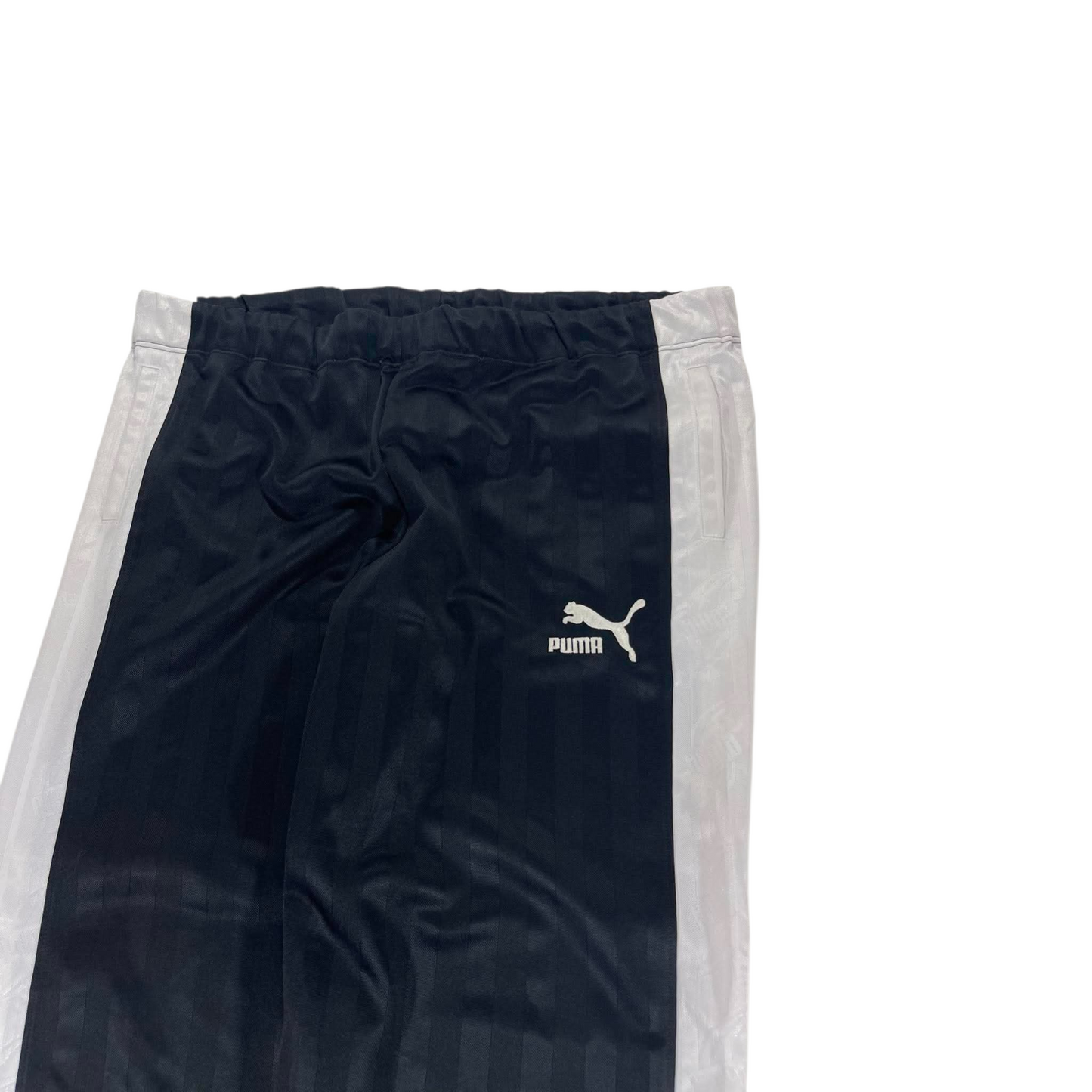 VINTAGE BAGGY PUMA BLACK TRACK PANTS WITH WHITE STRIPES (L-XL)
