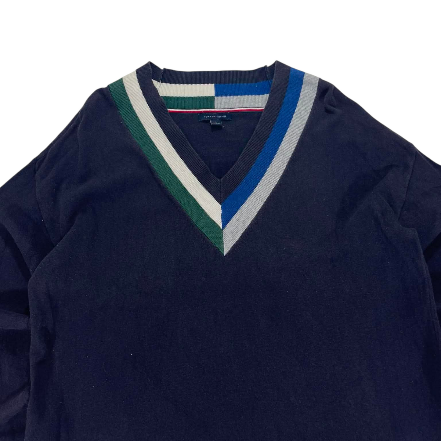 TOMMY HILFIGER NAVY BLUE STRIPED V-NECK SWEATER (M)