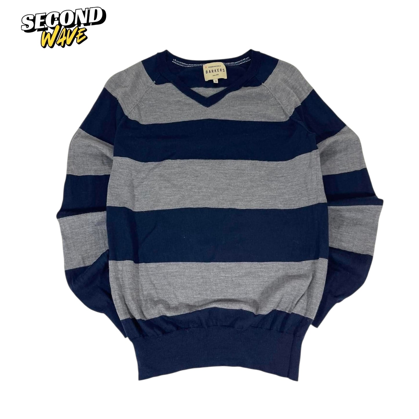 VINTAGE BARKERS NAVY & GREY STRIPED SWEATER (S-M)
