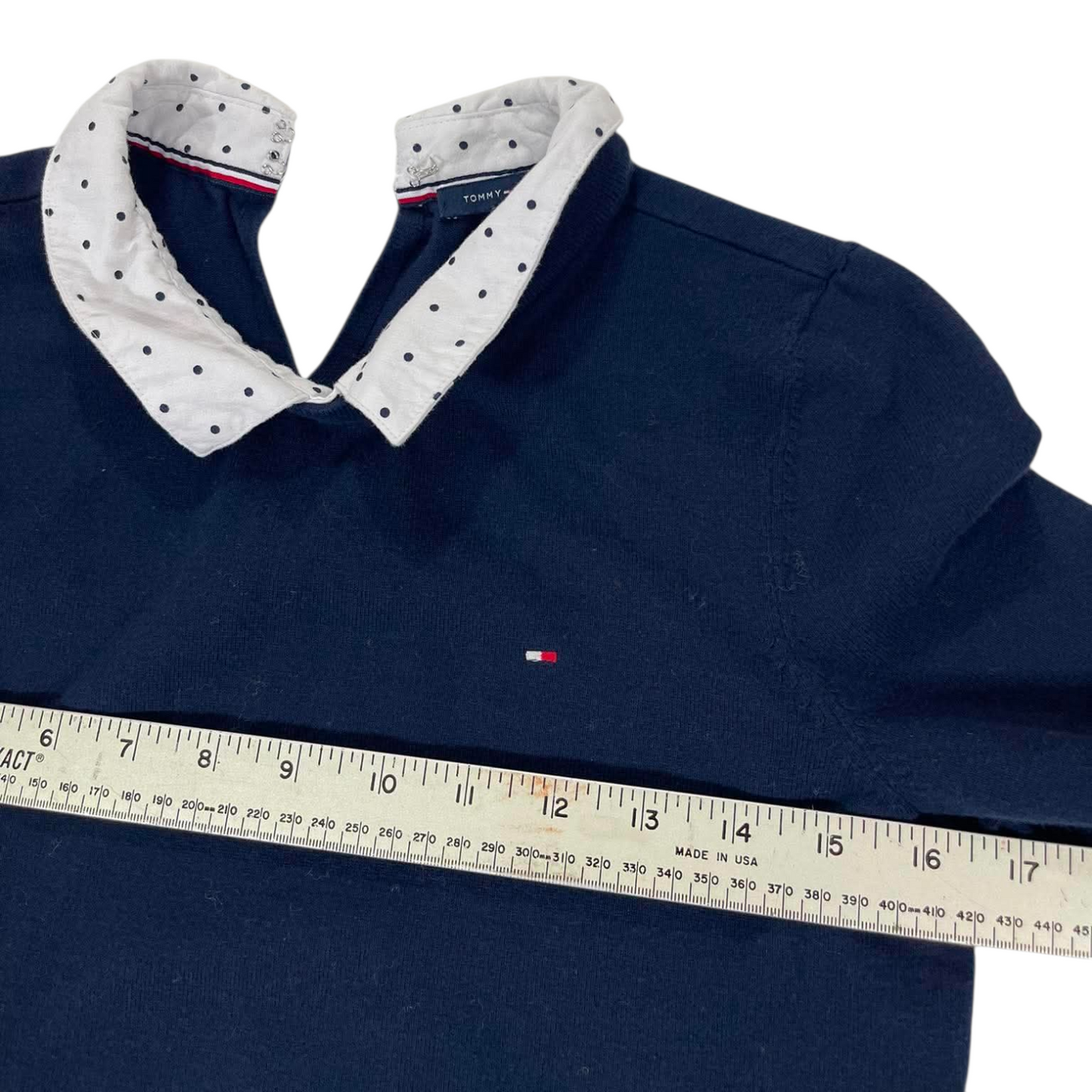 TOMMY HILFIGER NAVY BLUE POLO LONGSLEEVED WITH WHITE POLKA DOT COLLAR AND CUFFS (M)