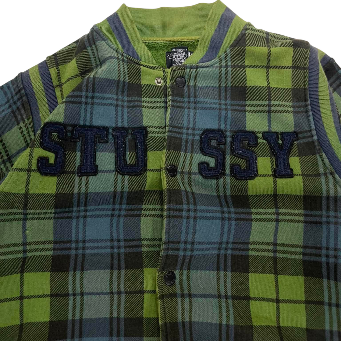 VINTAGE EMBROIDERED STUSSY GREEN PLAID VARSITY JACKET (M)