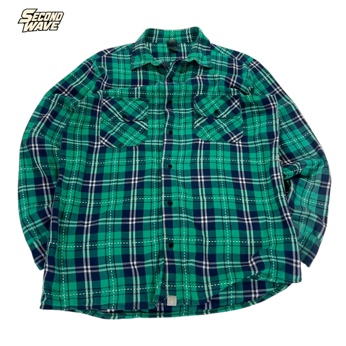 VINTAGE GREEN AND BLUE PLAID FLANNEL (L)