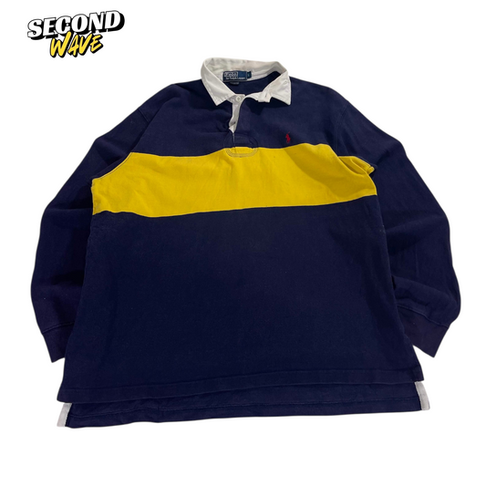 VINTAGE POLO RALPH LAUREN BLUE & YELLOW RUGBY SHIRT (L)