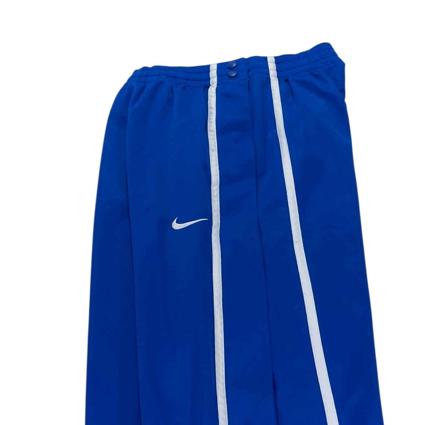 NIKE BLUE SNAP ON TRACK PANTS WITH WHITE STRIPES AND BUTTON FLY (S)