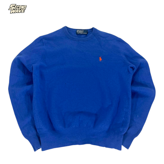 100% WOOL POLO RALPH LAUREN BLUE CREWNECK (BEST FIT SMALL)