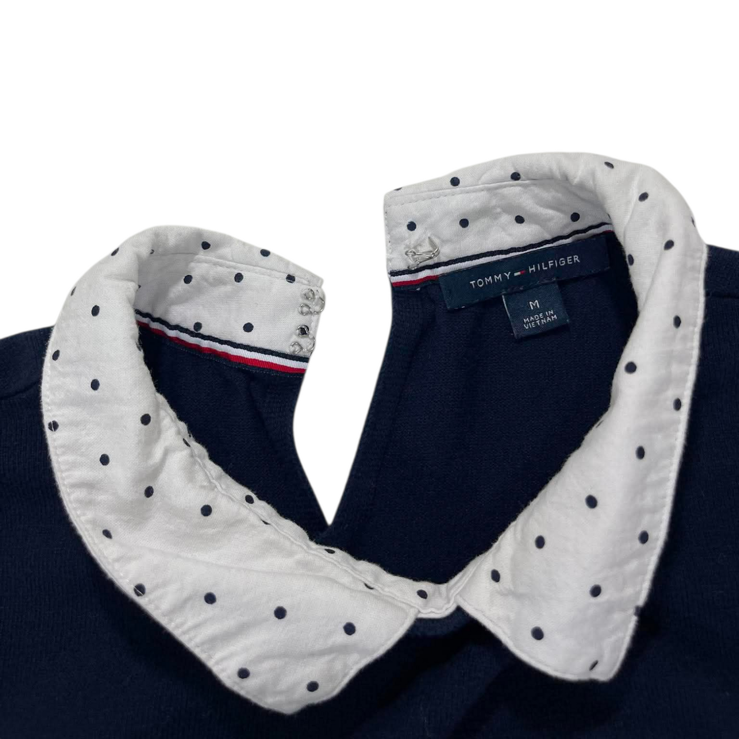 TOMMY HILFIGER NAVY BLUE POLO LONGSLEEVED WITH WHITE POLKA DOT COLLAR AND CUFFS (M)