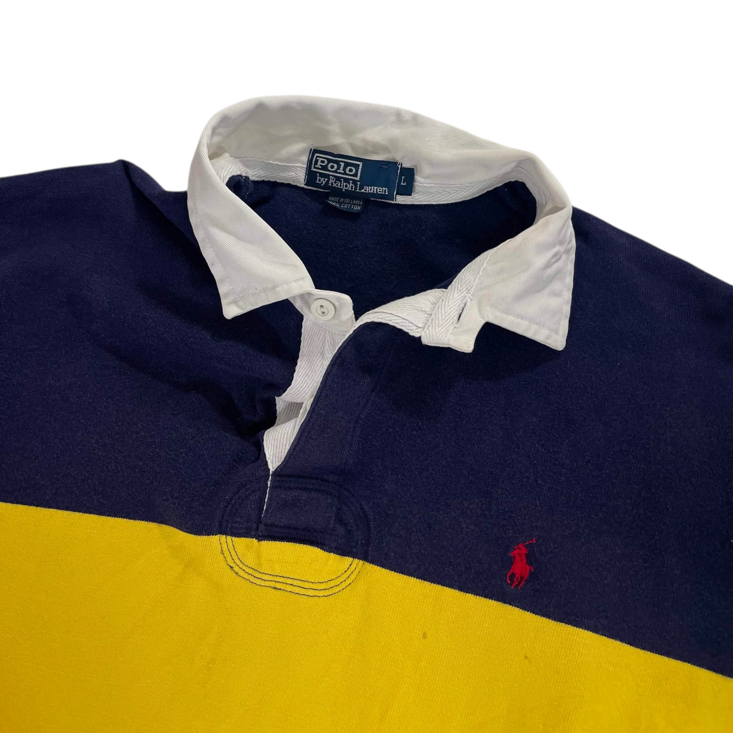 VINTAGE POLO RALPH LAUREN BLUE & YELLOW RUGBY SHIRT (L)