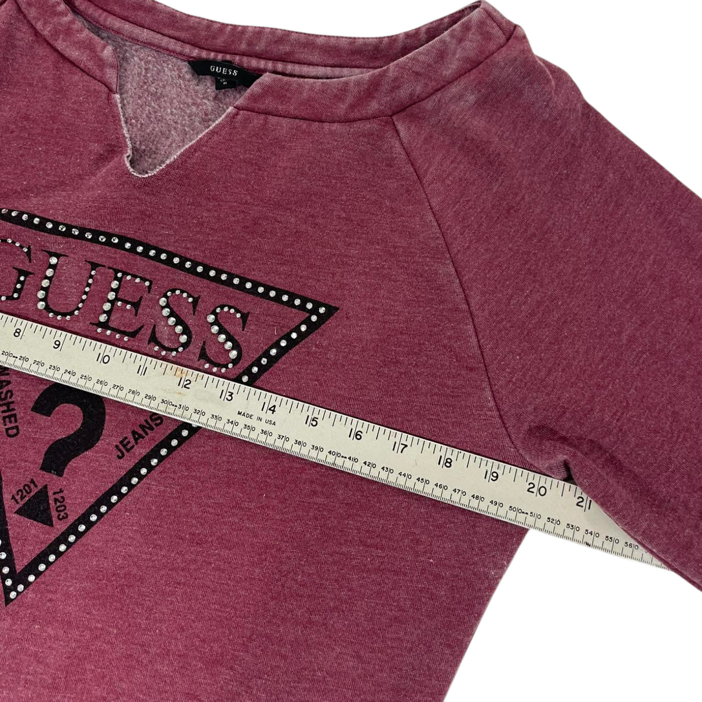 VINTAGE GUESS BURGUNDY LONG SLEEVE TOP WITH RHINESTONE LOGO (M)