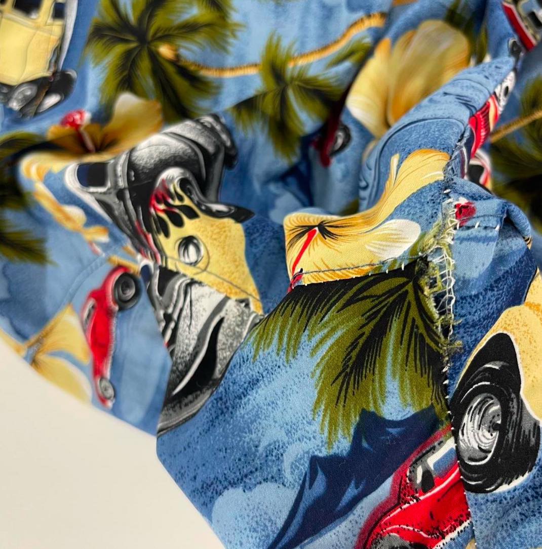 Y2K AOP BLUE HAWAIIAN WITH HOT ROD CARDS AND PALM TREES (2XL-3XL)
