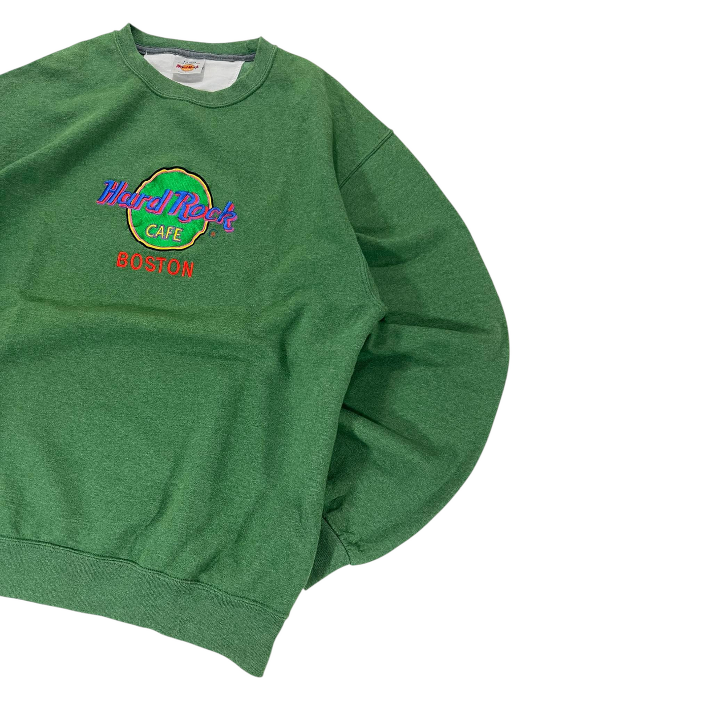 VINTAGE EMBROIDERED HARD ROCK CAFE BOSTON GREEN CREWNECK SWEATSHIRT (XL)
