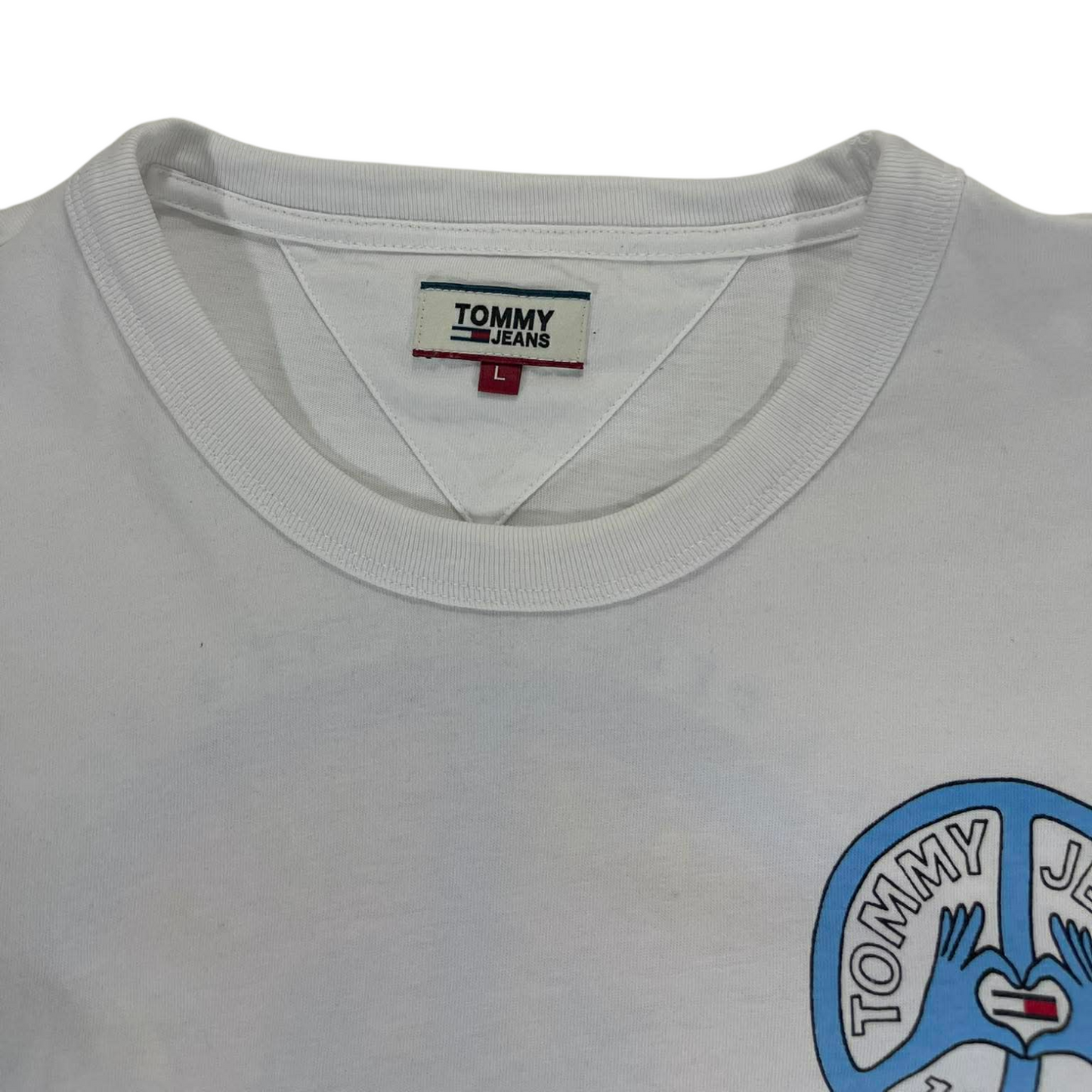 TOMMY HILFIGER WHITE LONG SLEEVE SHIRT WITH BLUE PEACE SIGN DESIGN (L-Womens)
