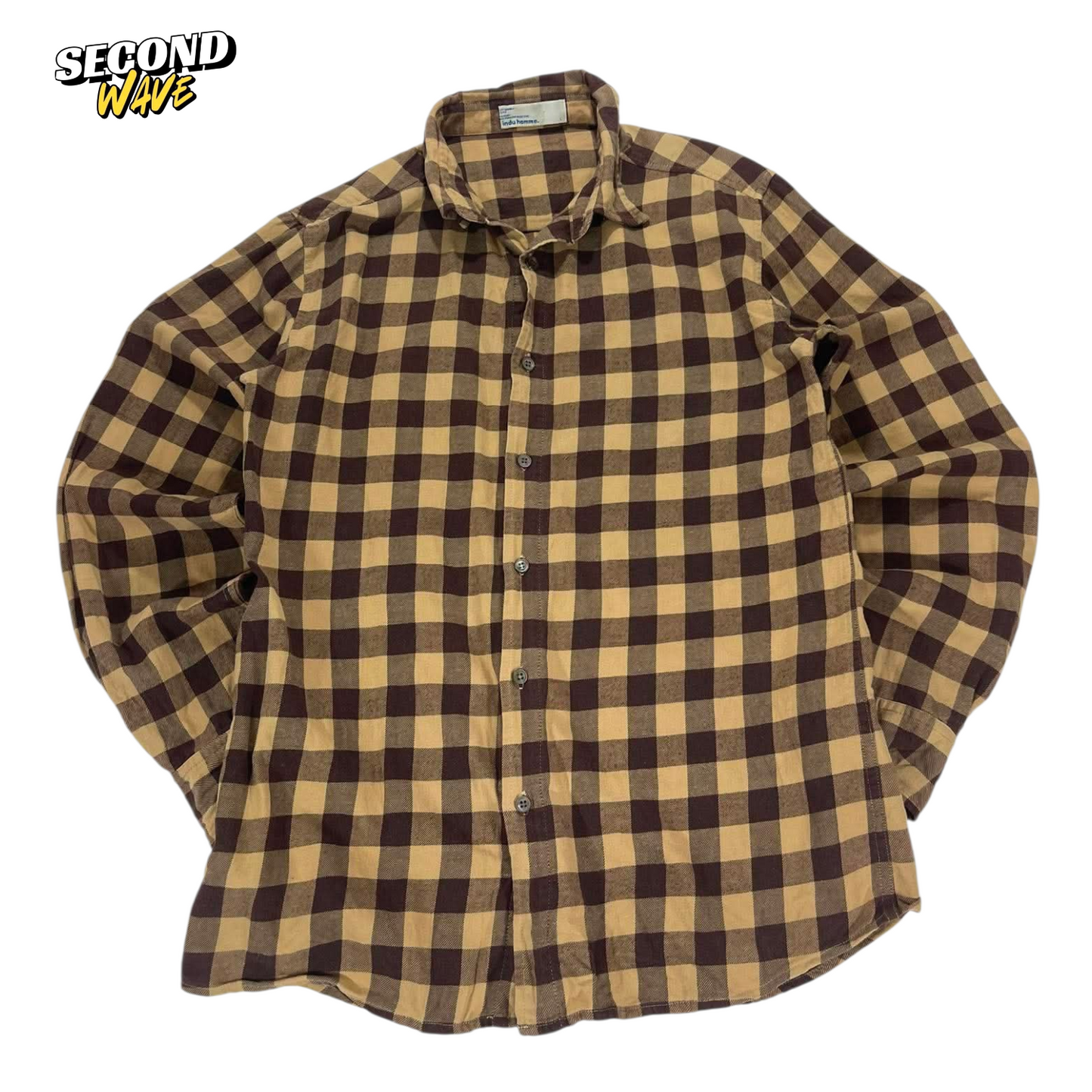 INDU HOMMW BROWN & TAN CHECKERED BUTTON - UP SHIRT (L)
