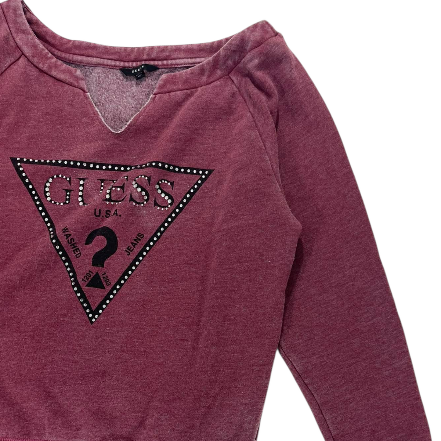 VINTAGE GUESS BURGUNDY LONG SLEEVE TOP WITH RHINESTONE LOGO (M)
