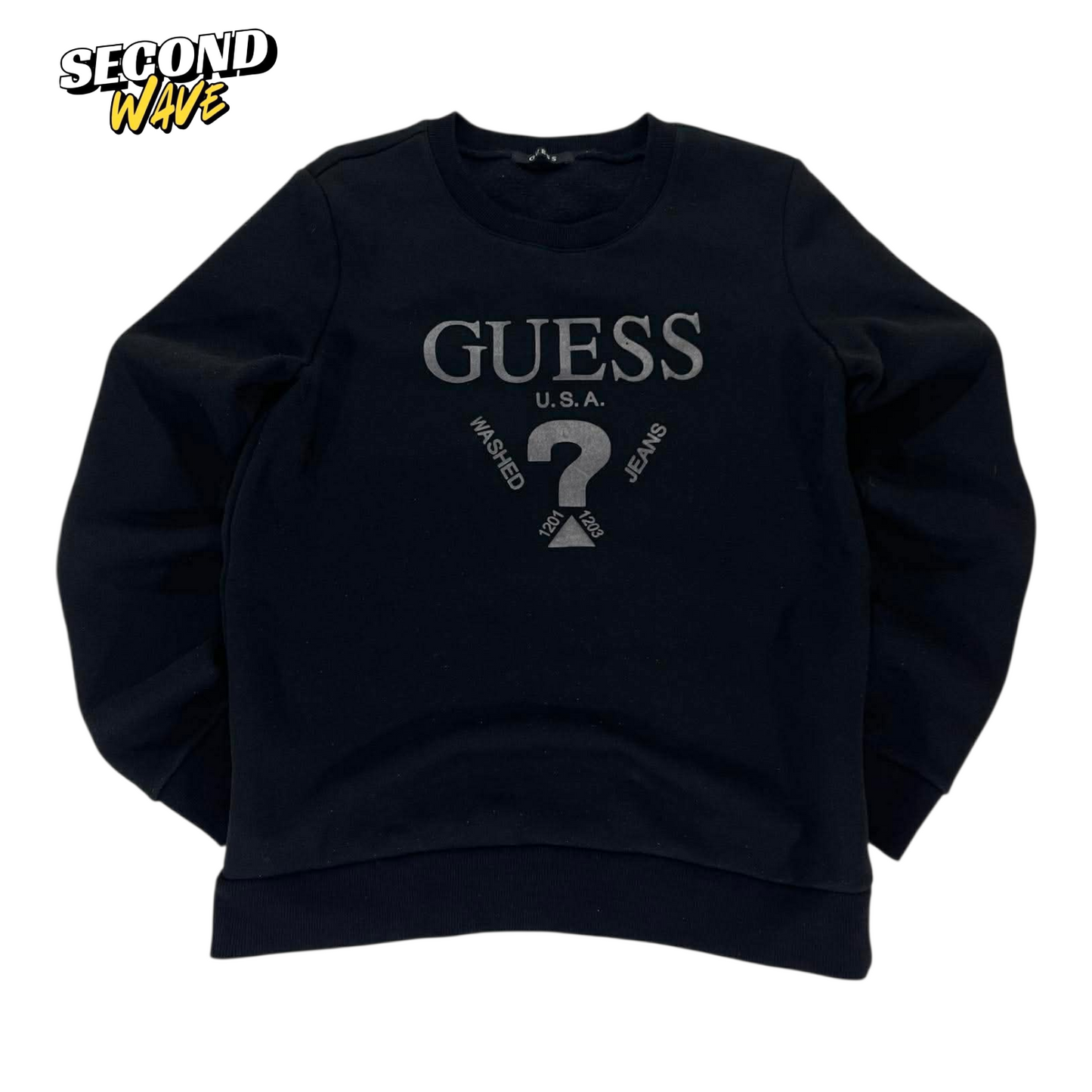 VINTAGE GUESS BLACK CREWNECK SWEATSHIRT WITH SILVER LOGO(M)