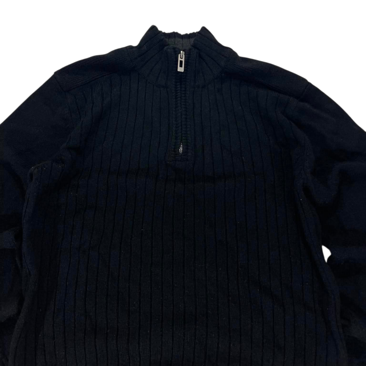 PILGRIM BLACK QUARTER ZIP SWEATER WITH RIBBED COLLAR AND CUFFS (S-M)
