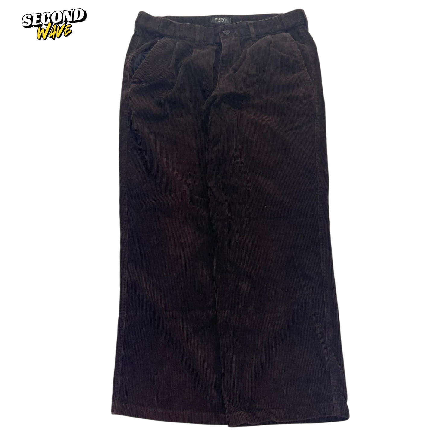 DARK BROWN CHISEL CORDUROY WIDE LEG TROUSERS (34)