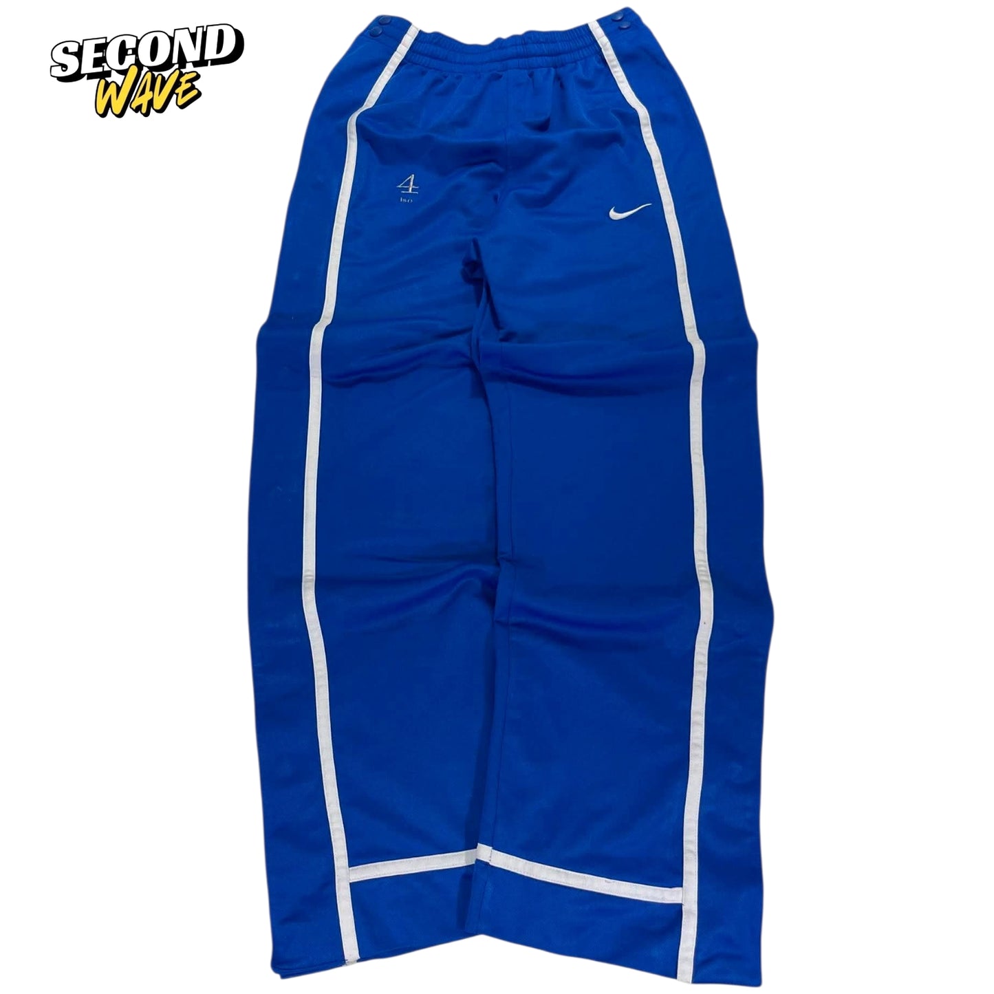 NIKE BLUE SNAP ON TRACK PANTS WITH WHITE STRIPES AND BUTTON FLY (S)