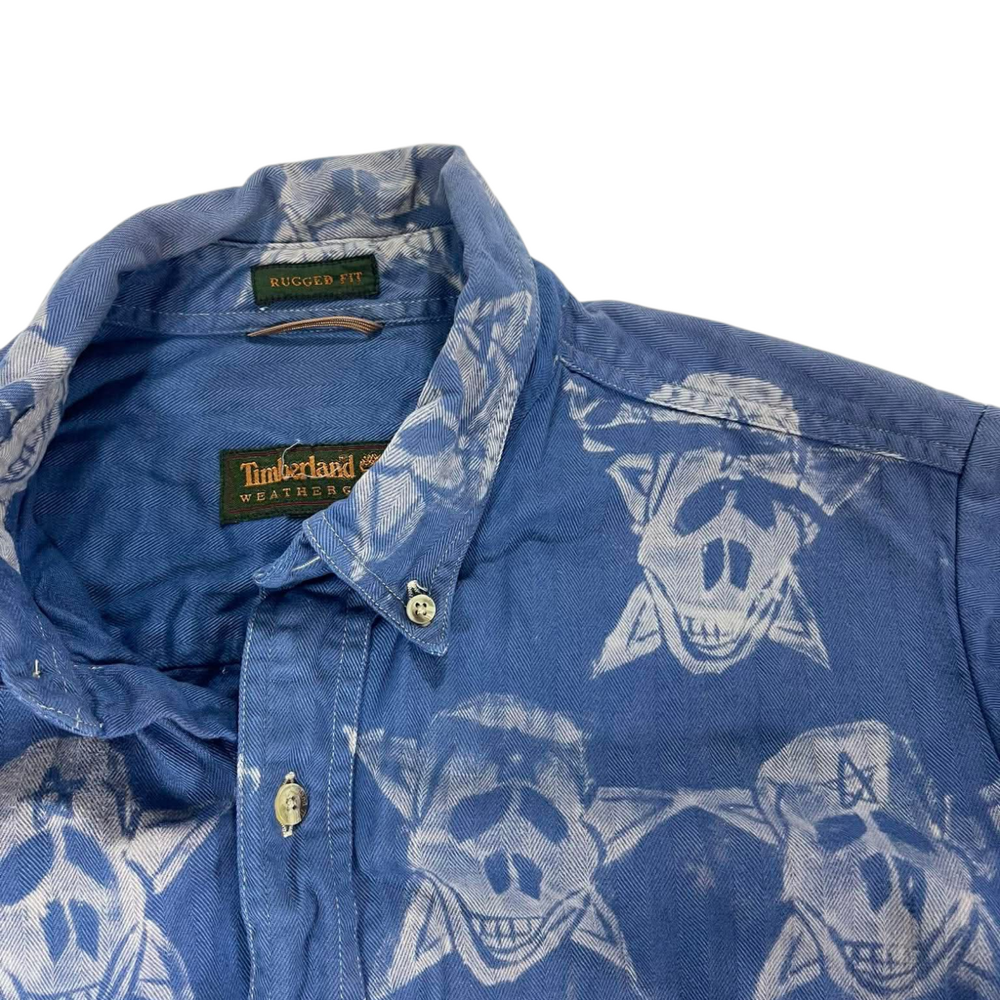VINTAGE TIMBERLAND BLUE BUTTON UP SHIRT WITH SKULL DESIGN (M)