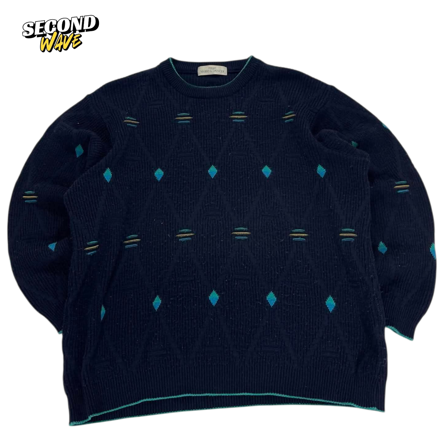 NAVY BLUE MARKS & SPENCER KNITTED SWEATER GREEN AND YELLOW DETAILS (M)