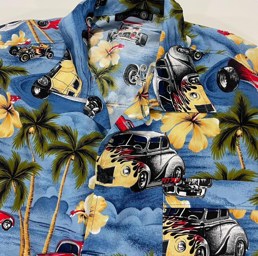 Y2K AOP BLUE HAWAIIAN WITH HOT ROD CARDS AND PALM TREES (2XL-3XL)